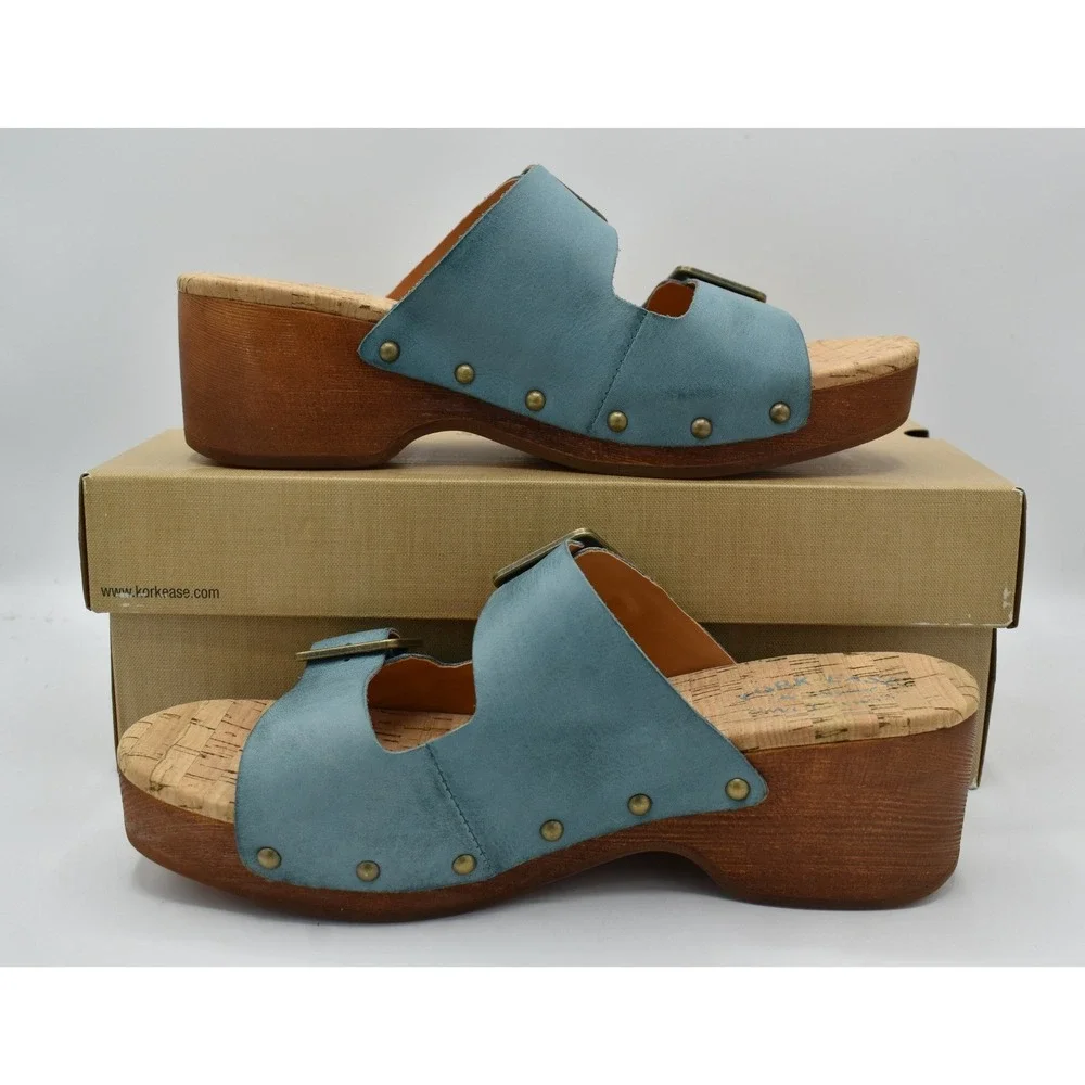Kork-Ease Saffron Women 9 Turquoise Leather Cork Wedge Shoes Slide Sandals